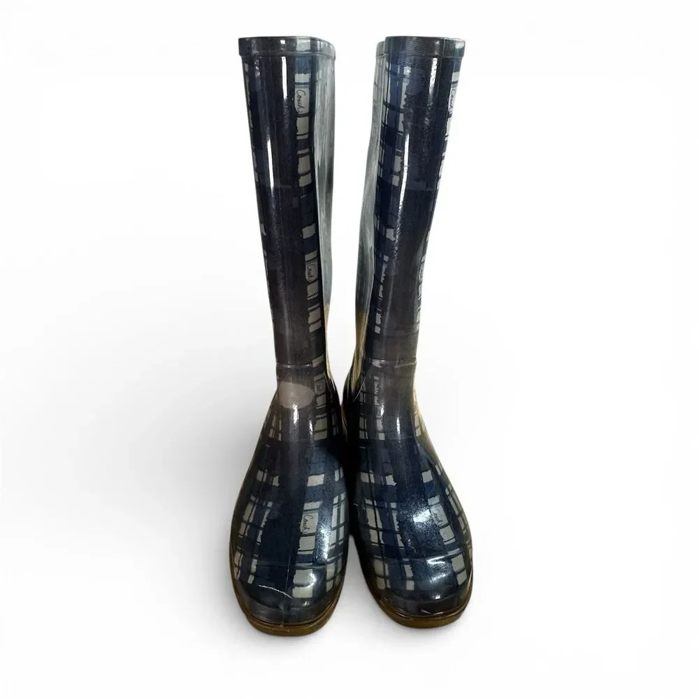 Coach Plaid Women Rain Boots Rubber Tall Size 6 Designer Lined Weather Outdoors